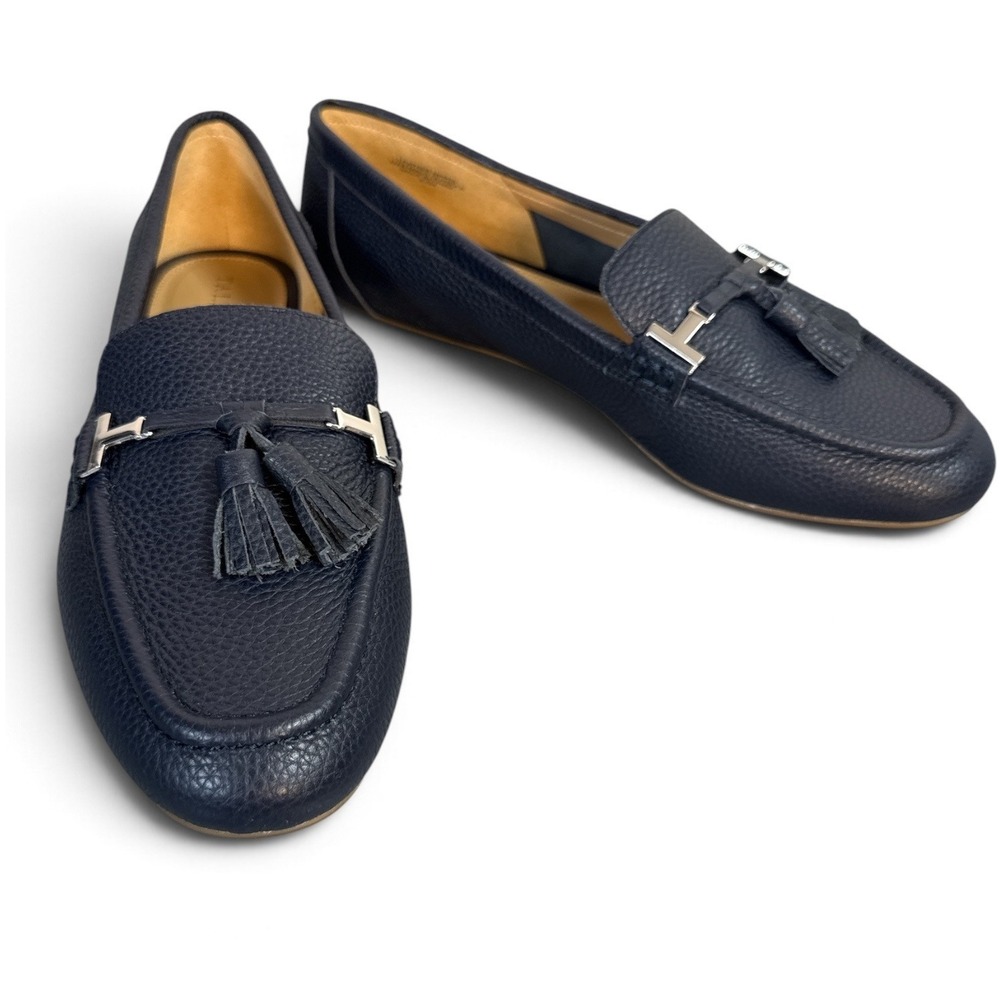 Talbots Navy Blue Pebbled Leather Tassel Loafers Silver Hardware Size 8.5M